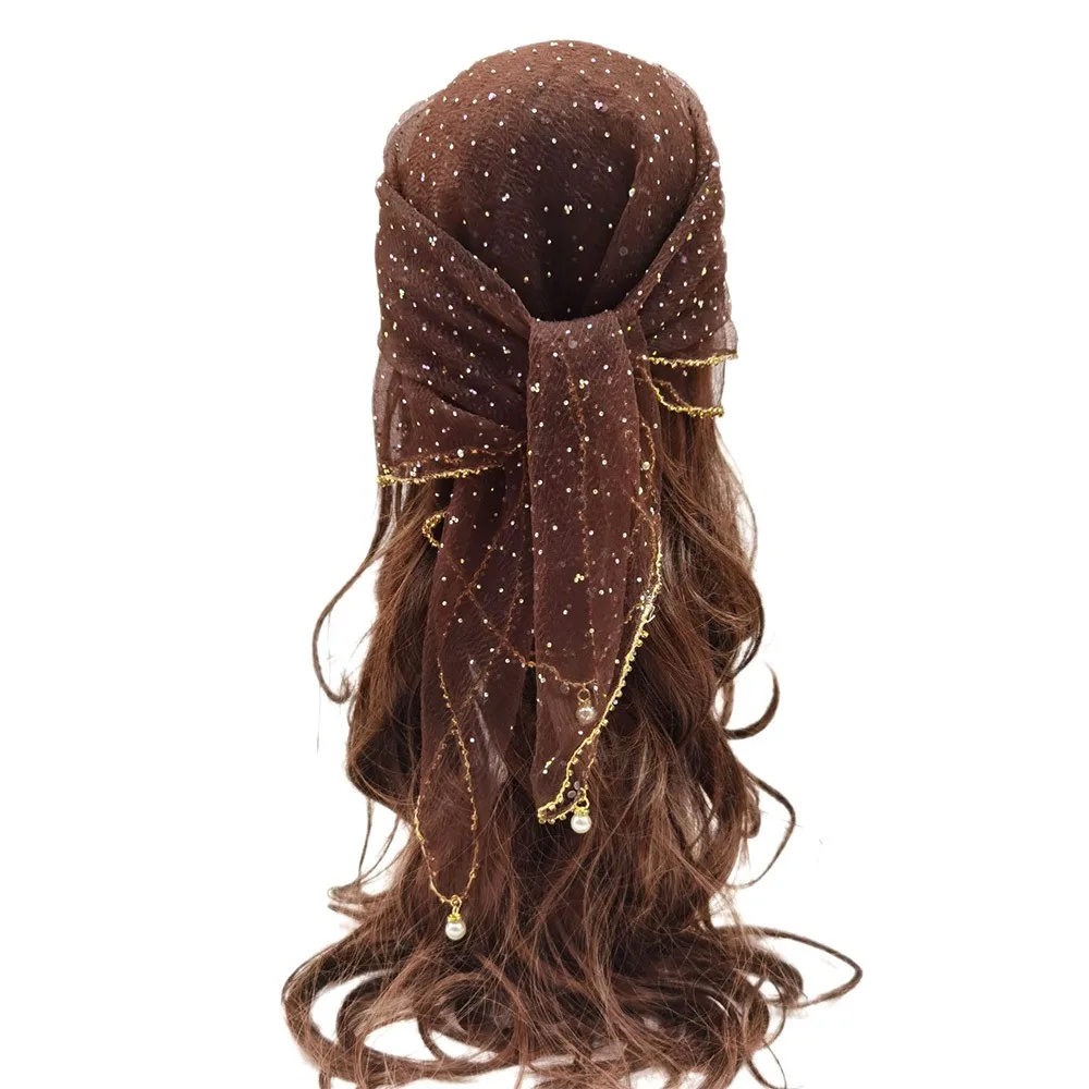 

Fashion Pearl Tassel Diamond Hijab Square Rhinestone Hijab Headband Breathable Full Sky Scarf Headwraps Hair Accessory
