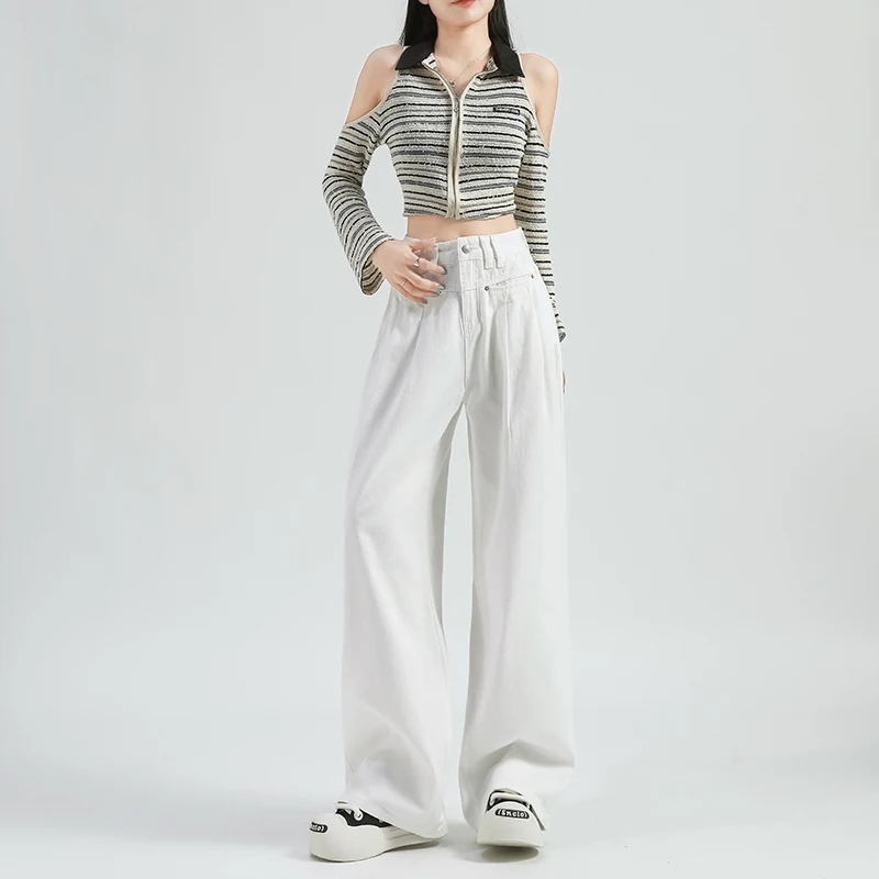 OUSSYU-Jean taille haute en coton bleu pour femme, pantalon droit en denim, vêtements rétro confortables, mode décontractée