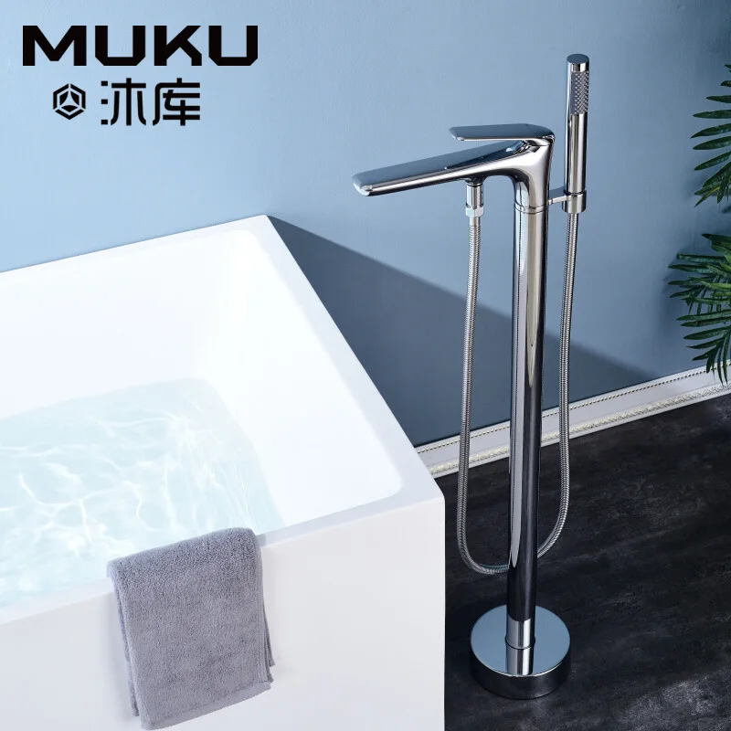 

Bathtub Faucet Chrome Black Cylinder Side Type Floor Type Copper Mixing Valve Hot and Cold Faucet Bath Tub with Hand Shower Set