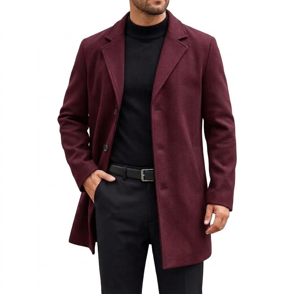 Autumn Men's Classic Blend Overcoat Mid-Length Trench Coat Business Winter Warm Jacket Lapel Casual Jacket Coat Men with Pockets