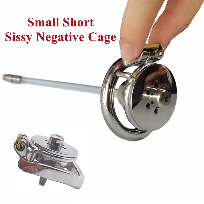 New Super Small Short Flat Penis Lock Male Negative Chastity Cage With Detachable Cock Plug Urinary Catheter BDSM Adult Sex Toys