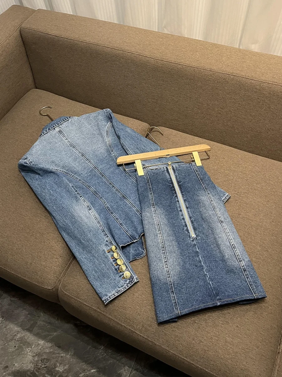 

Stars And Ladies Sli Slim Fit Double Breasted Waed Denim Suit Jaet And Skirt Set Commute Sle ort Sve Busin ...