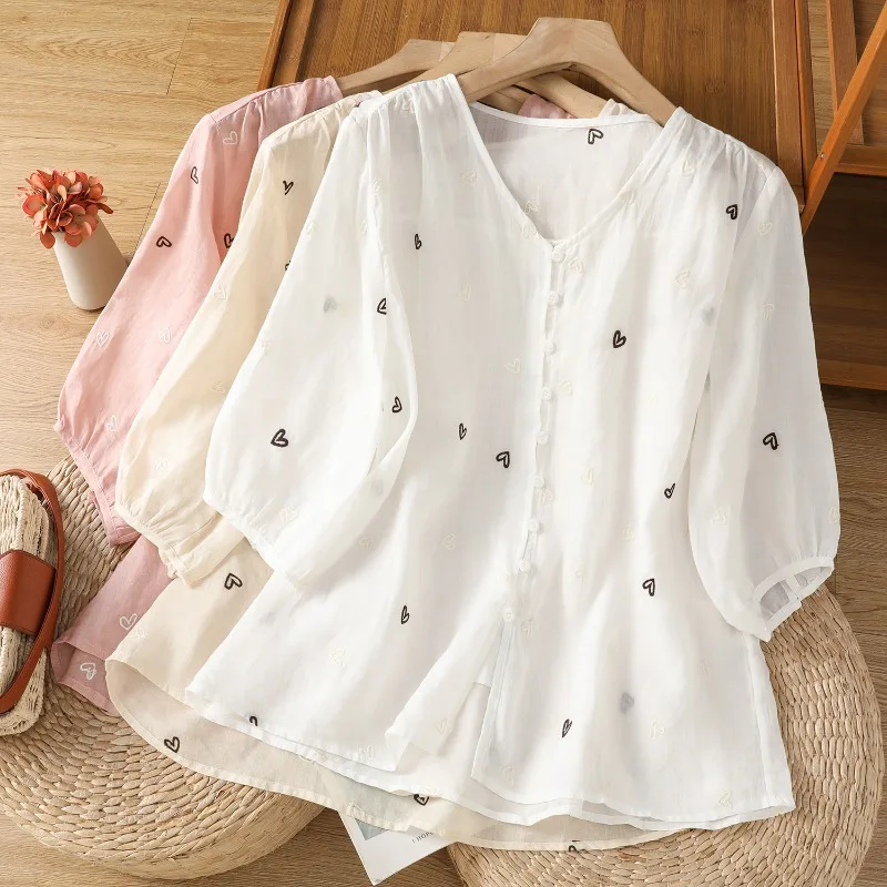 

Chinese Style Women's Blouse Embroidery Vintage Shirts Fashion Loose Summer Clothing Short Sleeve Cotton Linen Women Tops