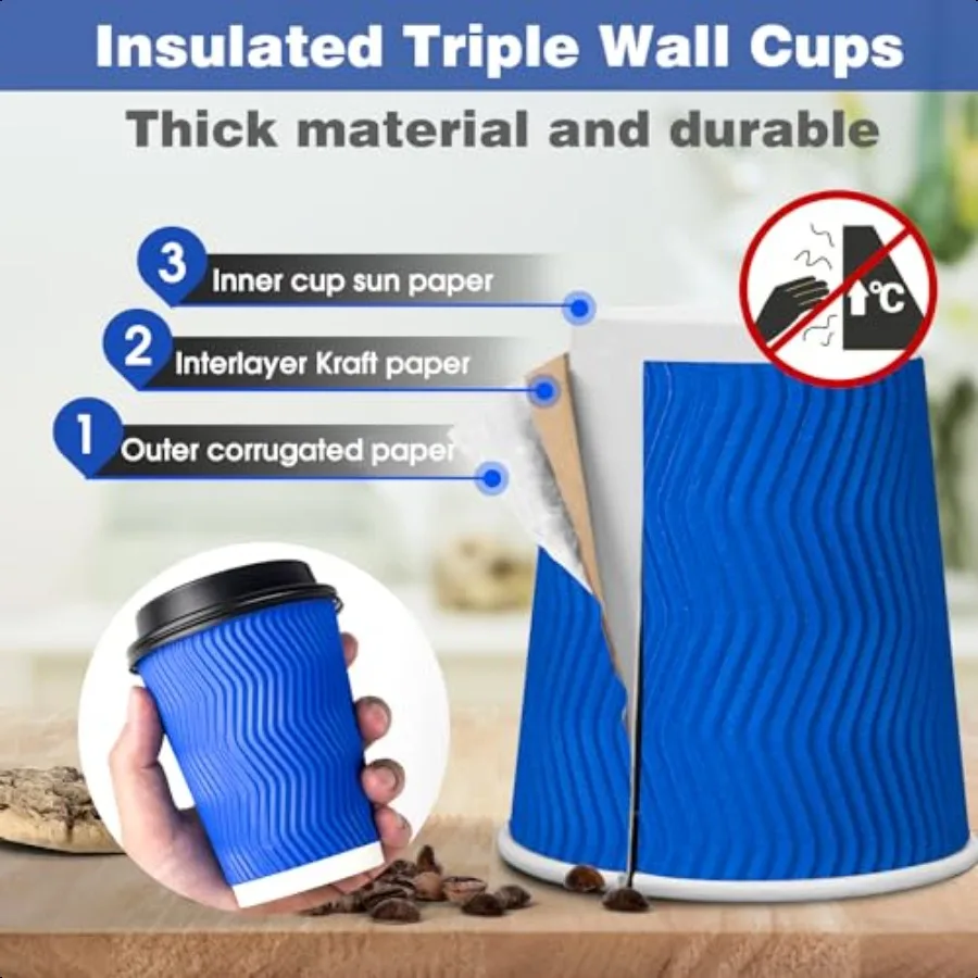 60 sztuk kubków do kawy 350 ml z pokrywkami, dwuścienny izolowany termicznie papierowy kubek z falistą ścianką, szczelny kubek do kawy na gorące napoje do zabrania się z nim na zewnątrz.