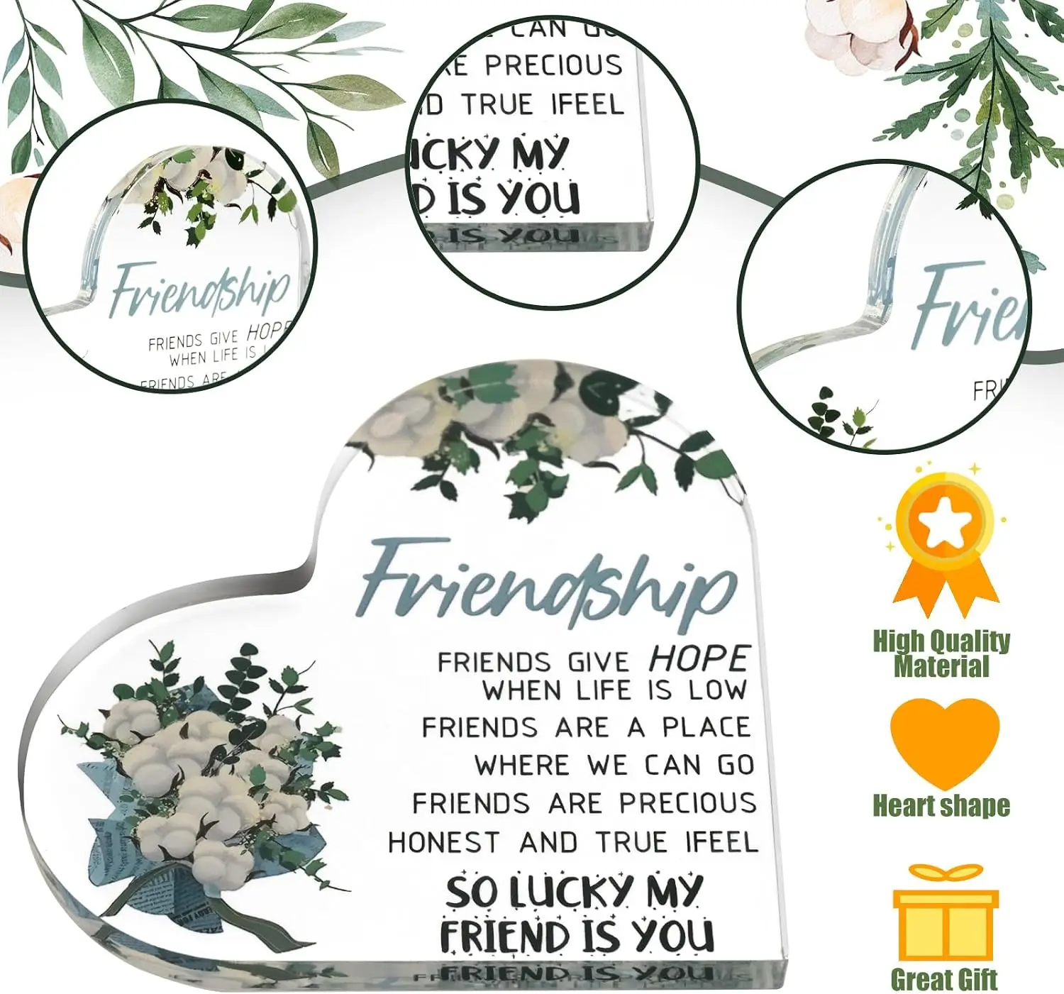 Best Friend Sentiment Acrylic Heart Table Decor, Pastel Watercolor Wildflower Friendship Quote Home Shelf Keepsake