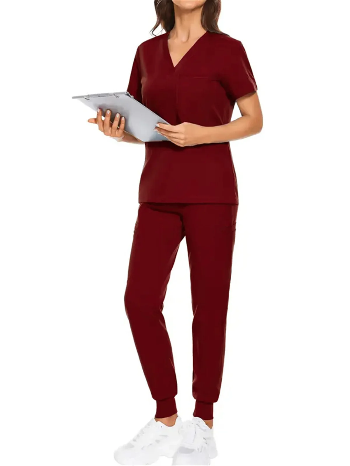 Seragam Medis Kerah V Wanita Kemeja Lengan Pendek Warna Solid Celana Serut Set Scurbs Rumah Sakit Perawat Dokter Pakaian Kerja Salon