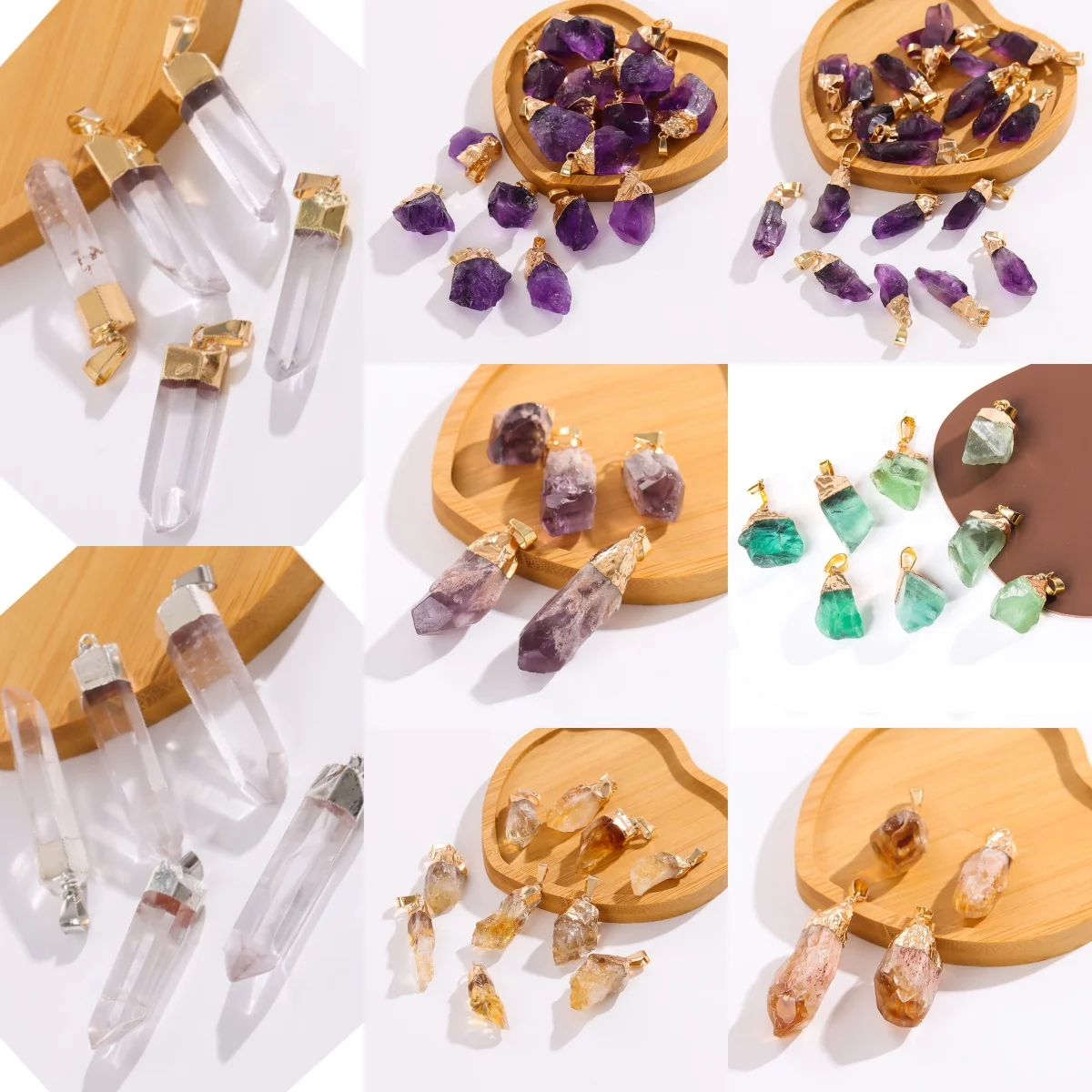 

10pcs Irregular Raw Stone Pendant Amethyst Citrine Fluorite White Crystal Pillar Gold Charms DIY Jewelry Making Women Wholesale