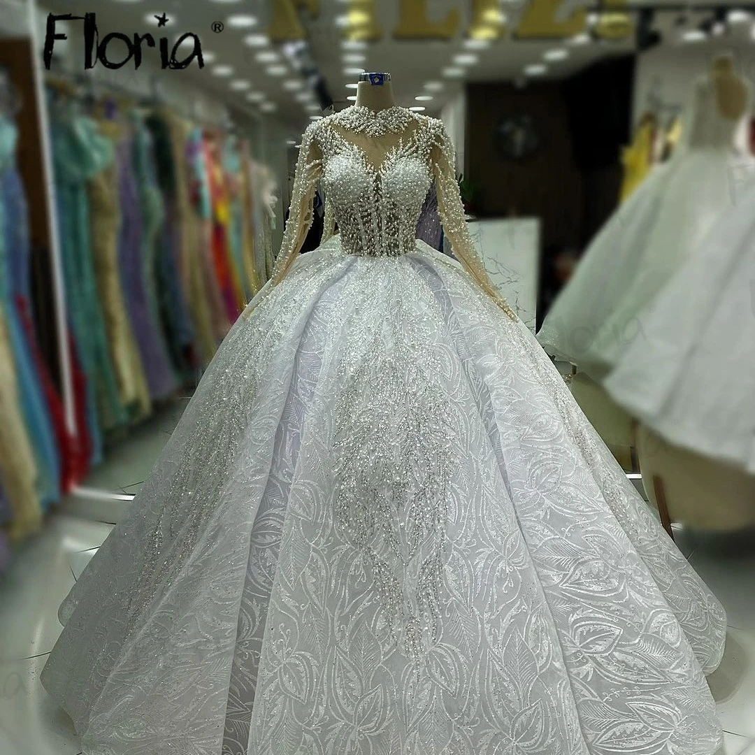 Full Pearls Beaded Lace Wedding Dress Long Sleeved Ball Gowns Plus Size Bridal Dresses Dubai Princess Vestido De Noiva Customize