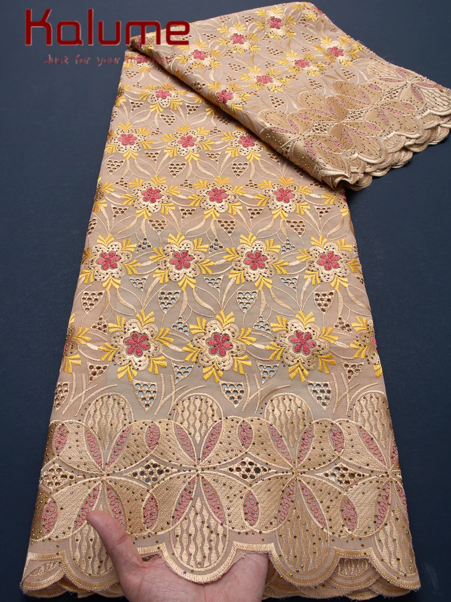 

Kalume 2025 Swiss Voile Lace with Stones Cotton African Lace Fabric Fabric High Quality Embroidery for Party Wedding Dress F4512