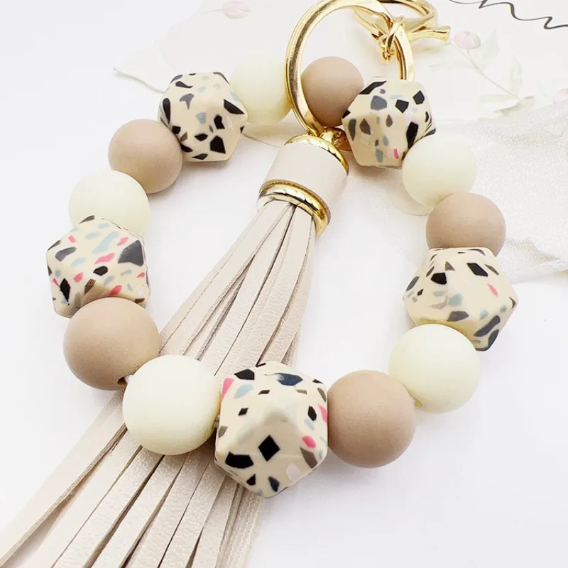 1pc Silicone Leopard Print Beaded Tassel Car Keychain Key Ring,  Fashion Bracelet Accessories Women\'s Bag Pendant Accessories