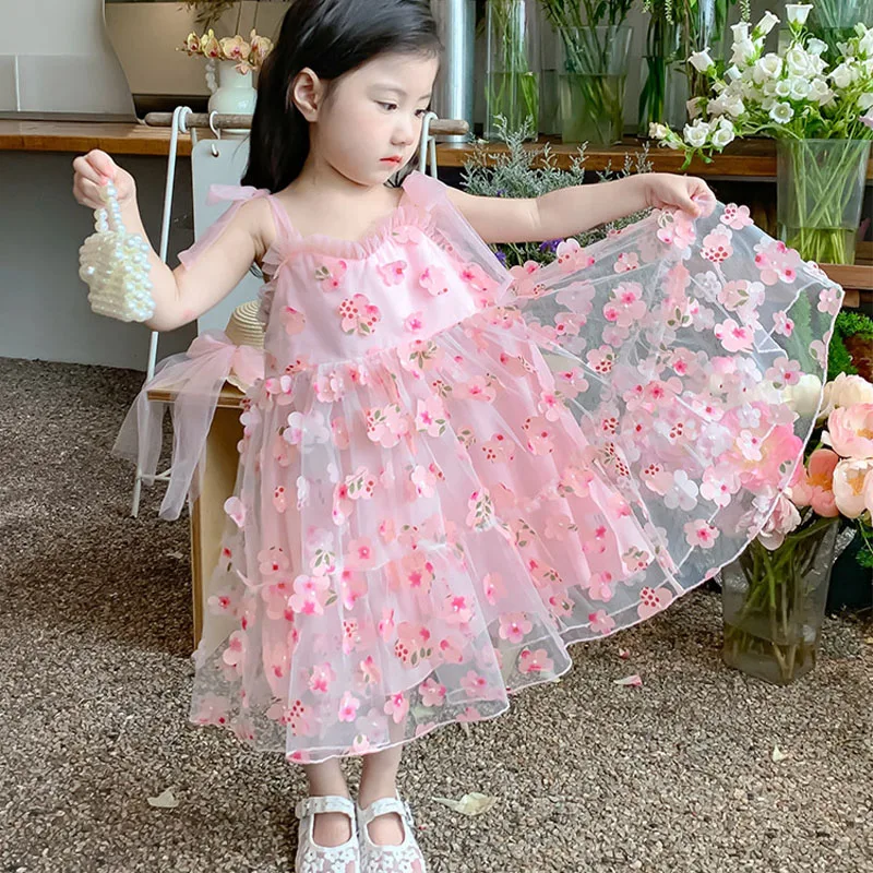 (0-3 Years Old) Summer Baby Girl Wearing Petal Suspender Princess Dress, Girl Mesh Birthday Party Dress