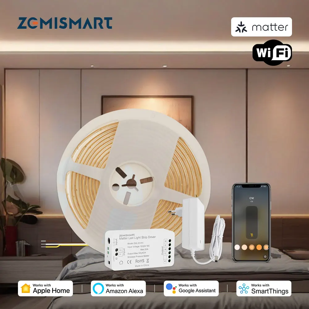 COB Led Strip Light CCT IP65 Matter WiFi Led Driver Alexa Google Home Smartthings Homekit App High Density Flexible Tape 16W