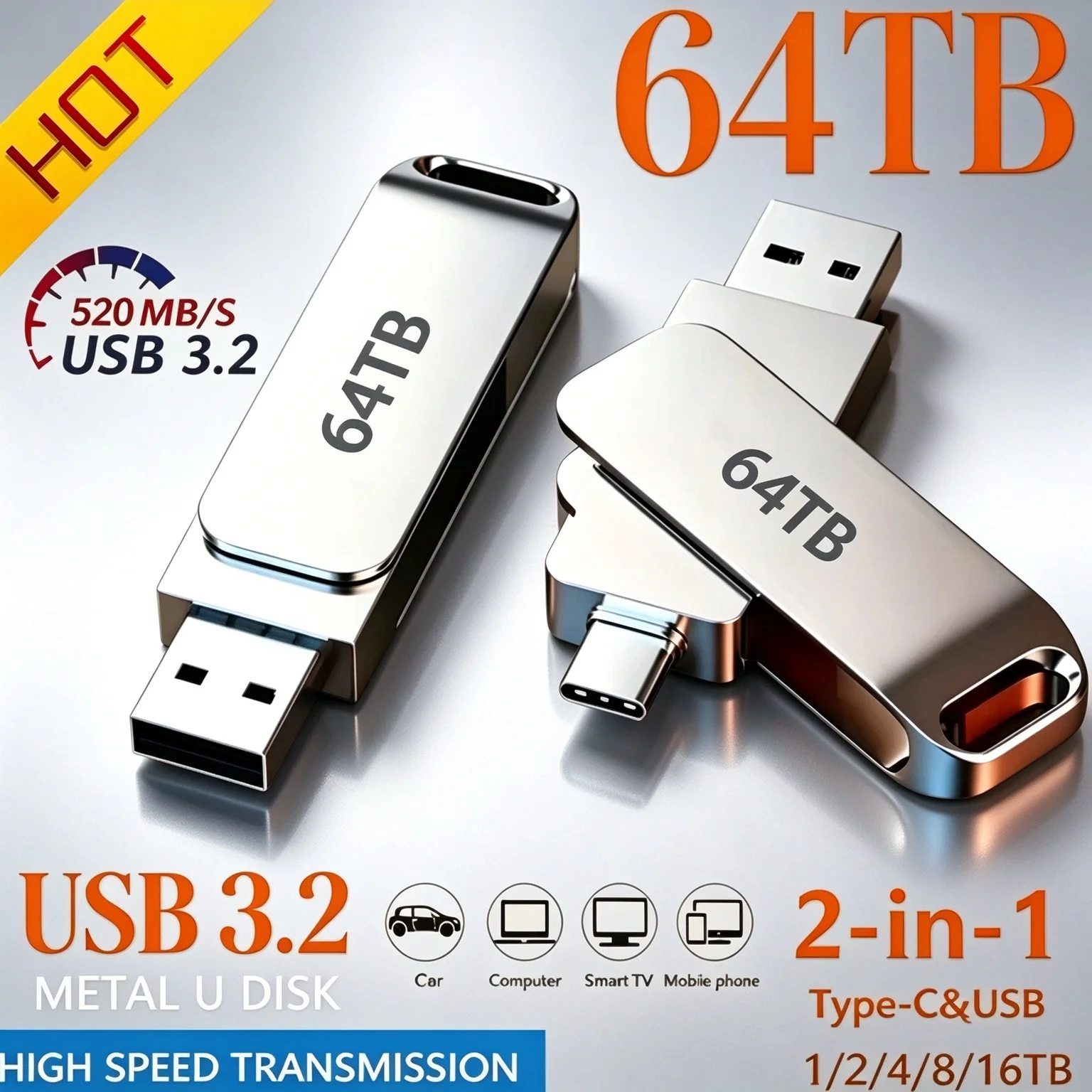 New 64TB USB 3.2 Flash Drive High Speed 2TB USB Transfer Type-C 2-In-1 16TB OTG Pendrive Waterproof Mental U Disk For PC Phone