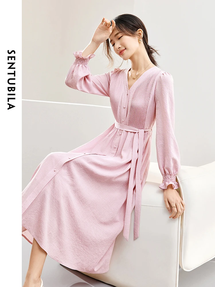 SENTUBILA Spring Pink Shirt Dress for Women 2024 Elegant Fashion Button Down Front Long Sleeve Vacation Midi Dresses 141L53232