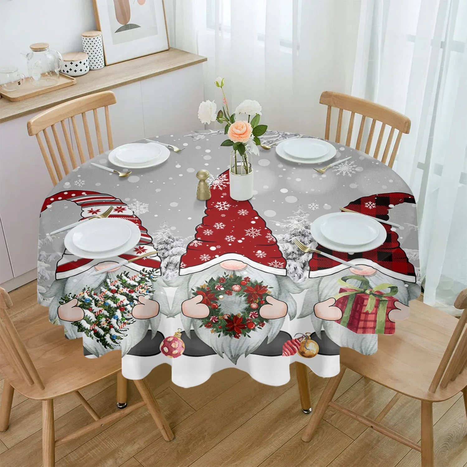 Christmas Snow Scene Snowflakes Gnome Grey Round Waterproof Tablecloth Decorative Table Cover Home Party Dining Room Table Cloth