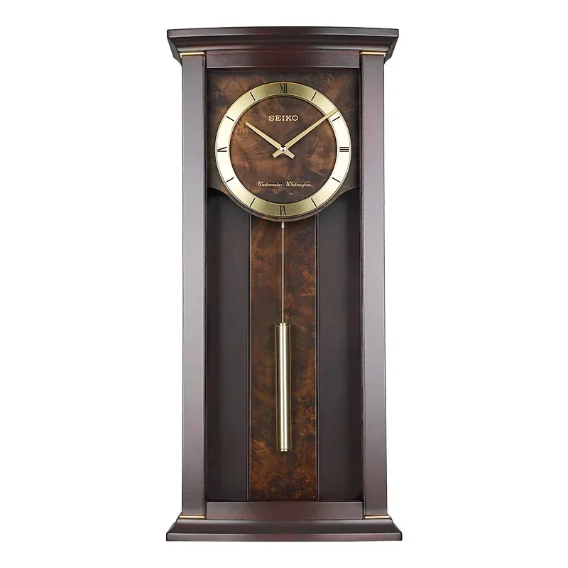 A  Seiko Clock European-Style Solid Wood Large Wall Clock Living Room Luxury Music Time Reporting Clock