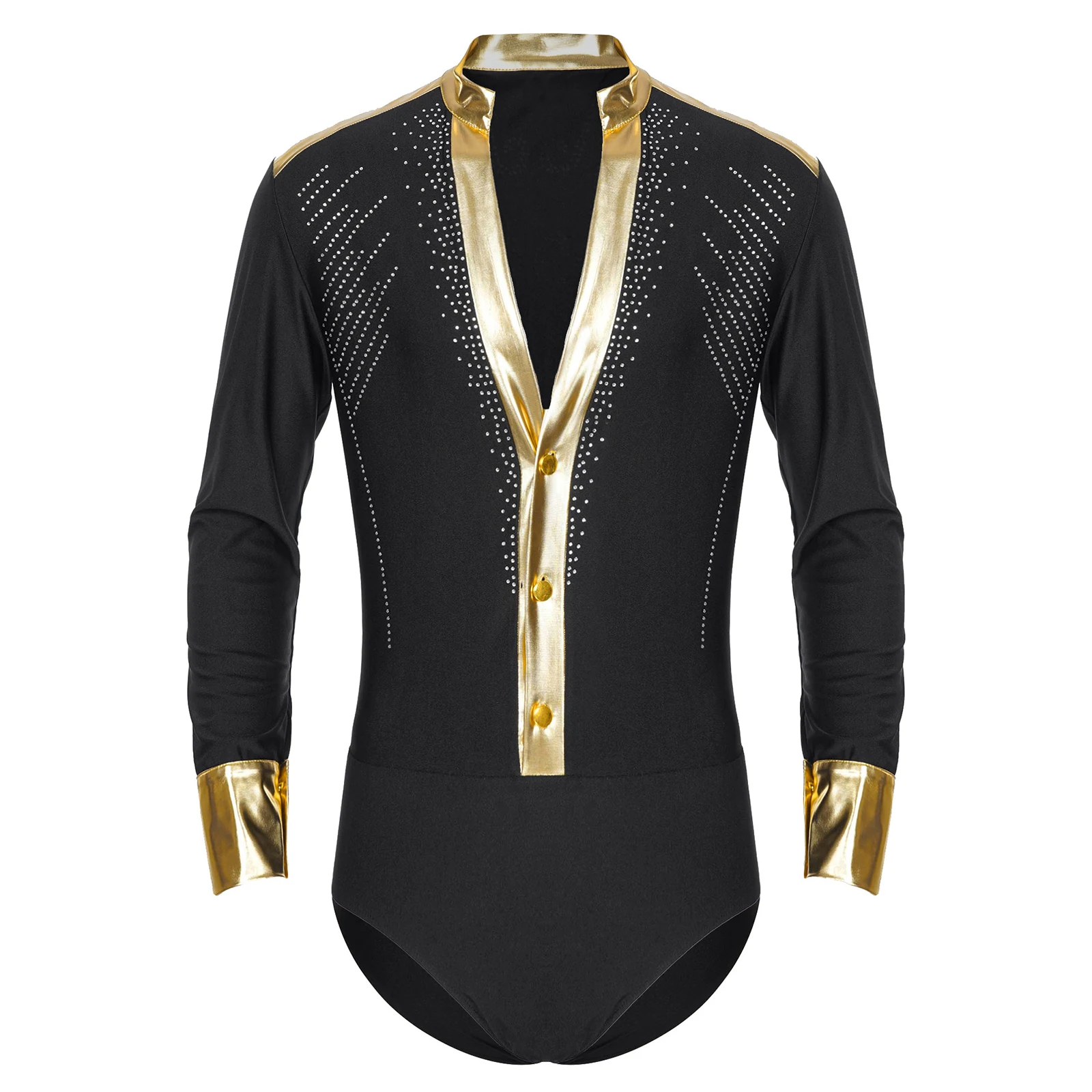 Men Figure Skating Leotard Shiny Rhinestones Jumpsuits Deep V Neck Stand Collar Long Sleeve Metallic Patchwork Sport Competition