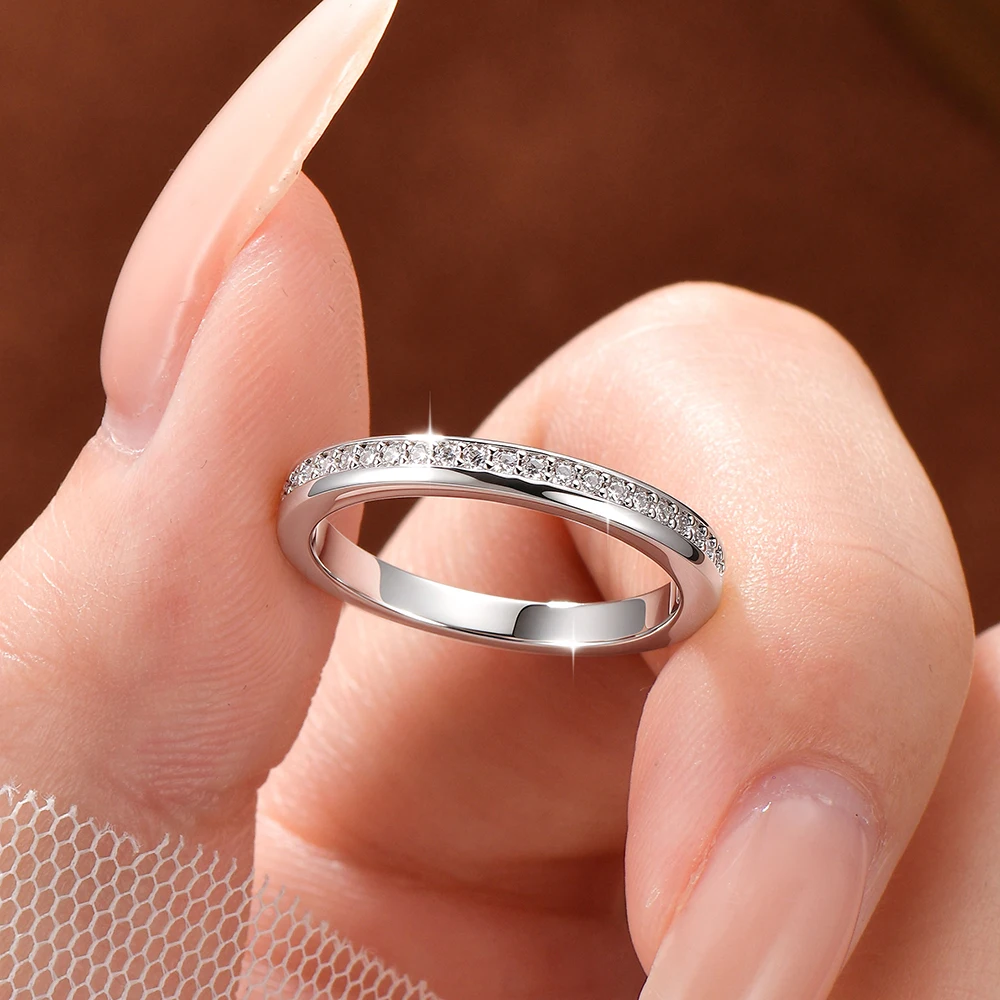 Rrjzz Minimalist Half Eternity Band Ring Round Cut Full Moissanite Stackable ring for Women Engagement Wedding Jewelry Gifts