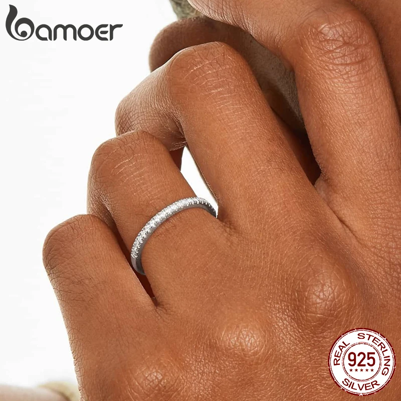 BAMOER White Gold Plated Solid 925 Sterling Silver CZ Simulated Diamond Stackable Ring Eternity Bands for Women