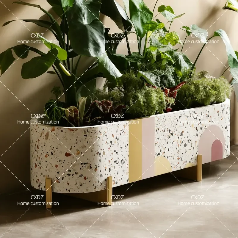 Wrought Iron Outdoor Flower Box Planter for Cafe Milk Tea Shop Greening Custom Terrazzo Planting Bed