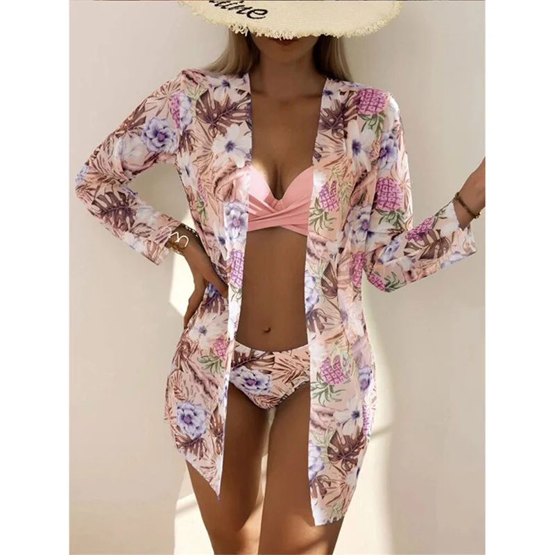 NewFloral zestaw Bikini z niskim stanem zakrywający strój kąpielowy dla kobiet Push Up z długim rękawem trzyczęściowy stroje kąpielowe kostiumy