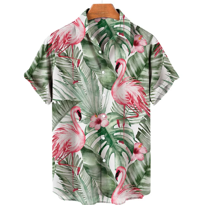 Tropical Jungle Flamingo 3d Print Hawaiian Shirt For Men Summer Street Short Sleeves Tops Harajuku Lapel Button Loose Blouse