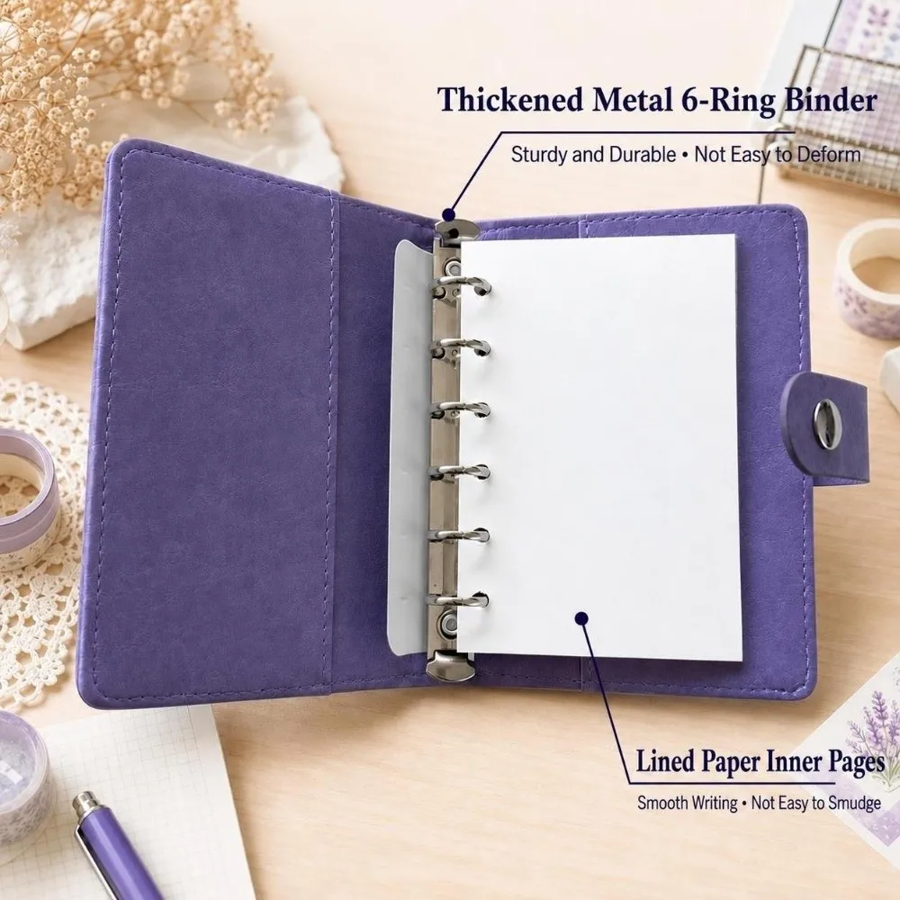 Durable PU Leather A7 Loose Leaf Notebook Heart Polka Dot Snap Closure Journal Pocket Diary Students