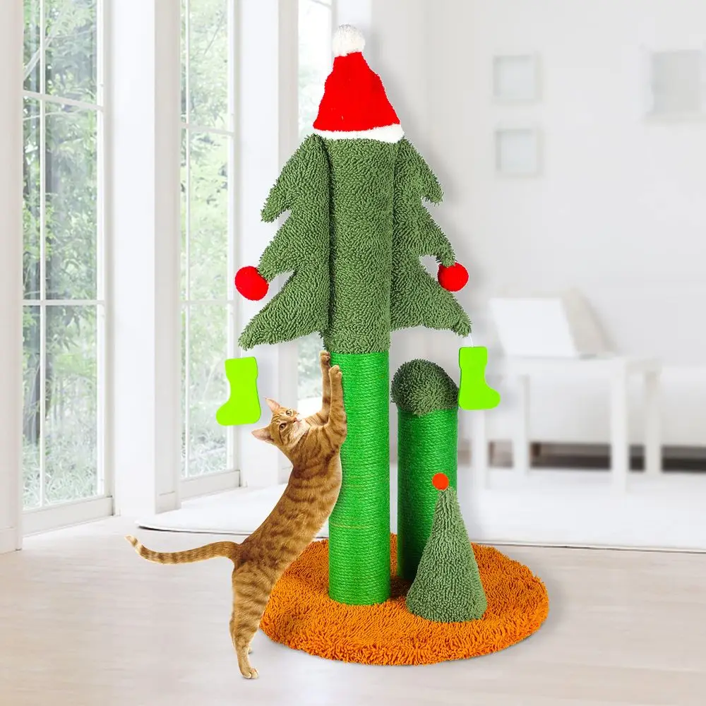 32'' Cat Scratching Post, Tall Christmas Tree Cat Scratcher with 3 Posts and Cute Dangling Teaser Balls, Natural Sisal Rope Cat