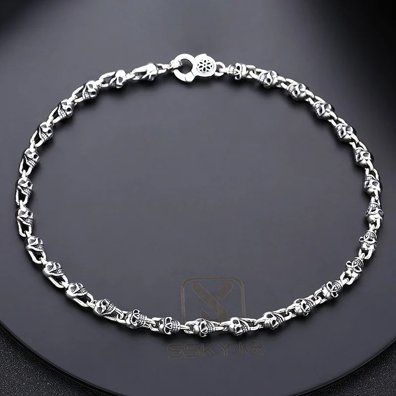 

S925 sterling silver necklace short necklace for ladies short thick type j skull Thai silver Korean style niche punk jewelry