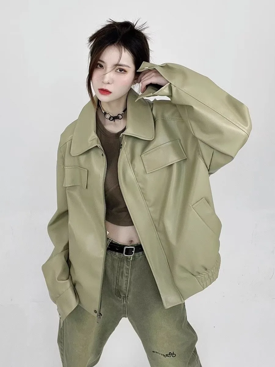 

Retro American Hip Hop PU Leather Jaet Loose Motorcycle Sle for Men And Women Spring Autumn Trendy Streetwear