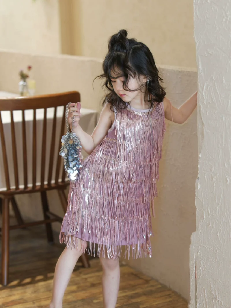 

Summer Baby Girls Stylish Bohemian Latin Dance Costume Fringe Tank Dress Kids Party Tassel Skirt Children Vacation Outfit 1-9Yr
