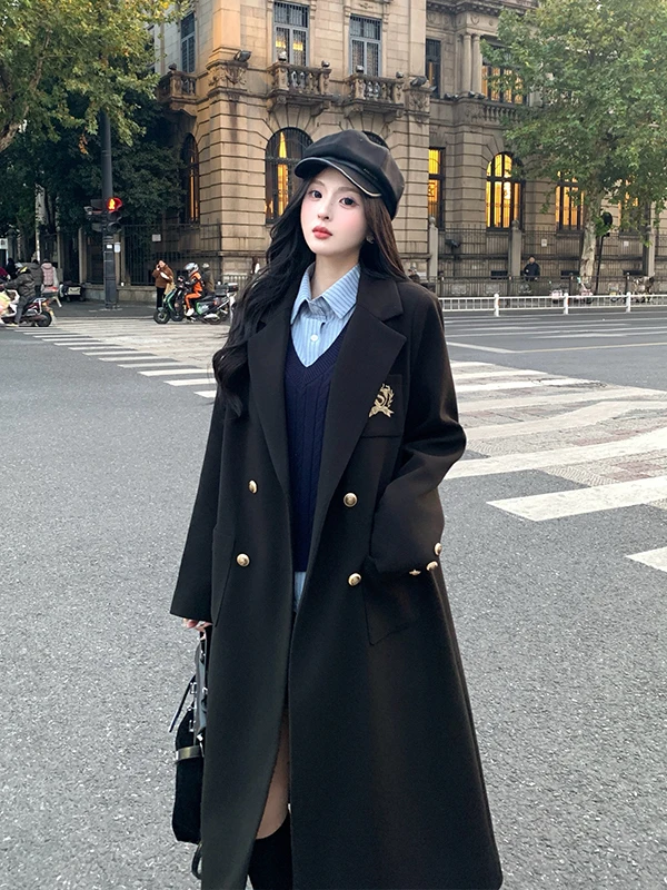 

Шерстяное пальто в стиле ретро, женское зимнее пальто для колледжа, новинка больших размеров, утягивающая верхняя одежда средней длины из вовни, корейский Sle, прямой крой