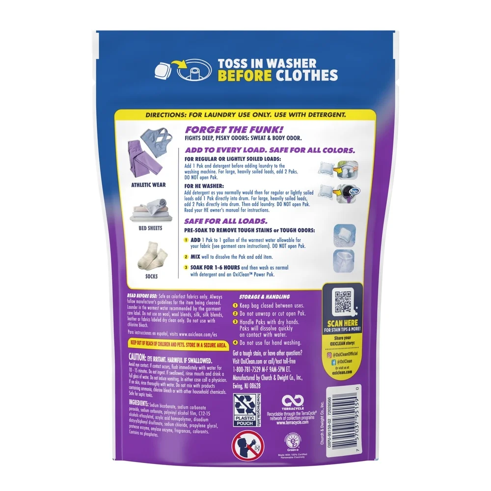 مزيل بقع الغسيل بالطاقة بالأكسجين، مزيل الرائحة، عبوات الطاقة 24 قطعة خالية من الكلور، منظف متعدد الأسطح آمن