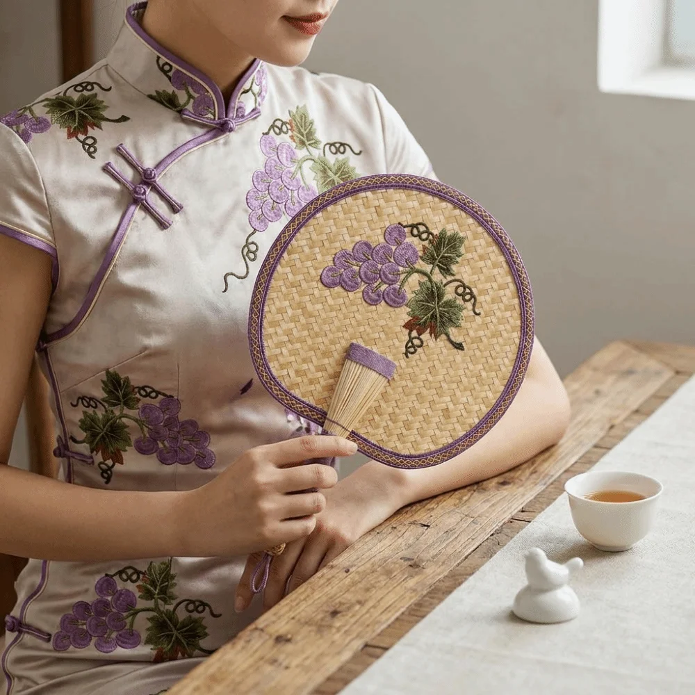 

Creative Ancient-Style Hand-Cranked Fan Traditional Embroidered Handmade Fan Decorative Cattail Fan Outdoor Activities