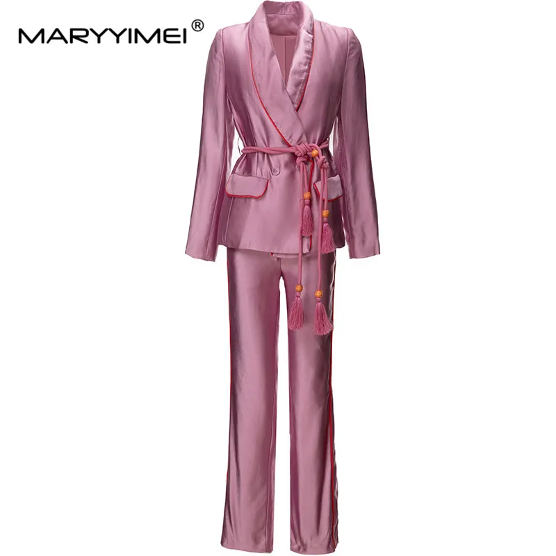 MARYYIMEI Runway High Street Fashion Suit Designer Women's Lapel Long Sleeve Chinese Rope Strap Silk Tops+Trousers 2pcs Set