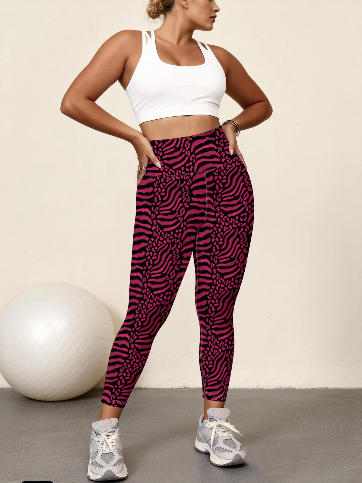 

Rose red zebra print full print women's high waisted yoga pants, high stretch quick drying sports leggings, gym fitness leggings
