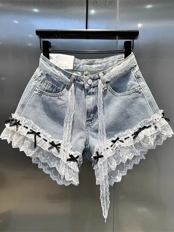 

Новые летние джинсовые шорты с кружевными вставками и декоративными узлами, женские, утягивающие, А-силуэт, с широкими штанинами, хит продаж