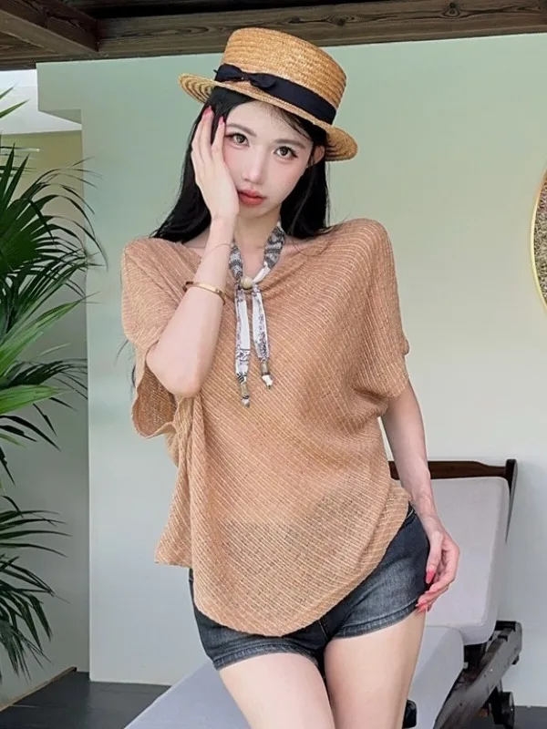 Laid-back Style Knitted Hollow out Short Sleeve T-shirt Loose Fit Versatile Pure Desire Fashion Shoulder Slant Design Top