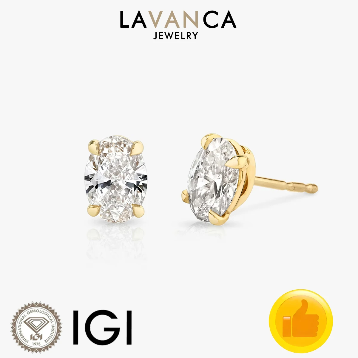 Classic Oval Cut Lab Created Diamond Earrings IGI Certified Solitaire Style Lab Diamond Earrings 9K/14K/18K Yellow Gold Earrings