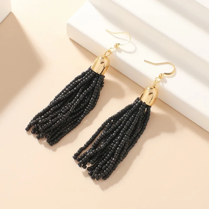 European and American Retro Ethnic Style Handmade Beaded Earrings Feminine and Versatile Bohemian Colorful Tassel Bead Jewelry