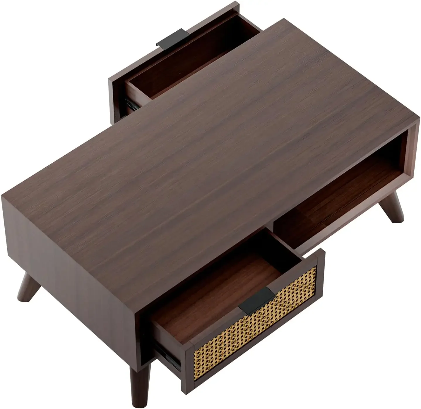 Solid Wood Jasper Coffee Table with Storage Accent Rattan Design Perfect for Living Room Walnut