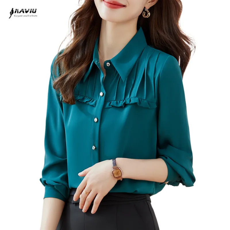 NAVIU Green Shirt Women New Autumn Fashion Temperament Professional Formal Chiffon Blouses Office Lady Wrok Tops White