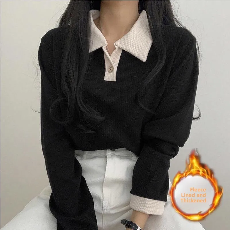 

Korean Style Women's Long Sleeve Fleece Lined Loose Striped Shirt Student Casual Sportswear Trendy Autumn Winter Top