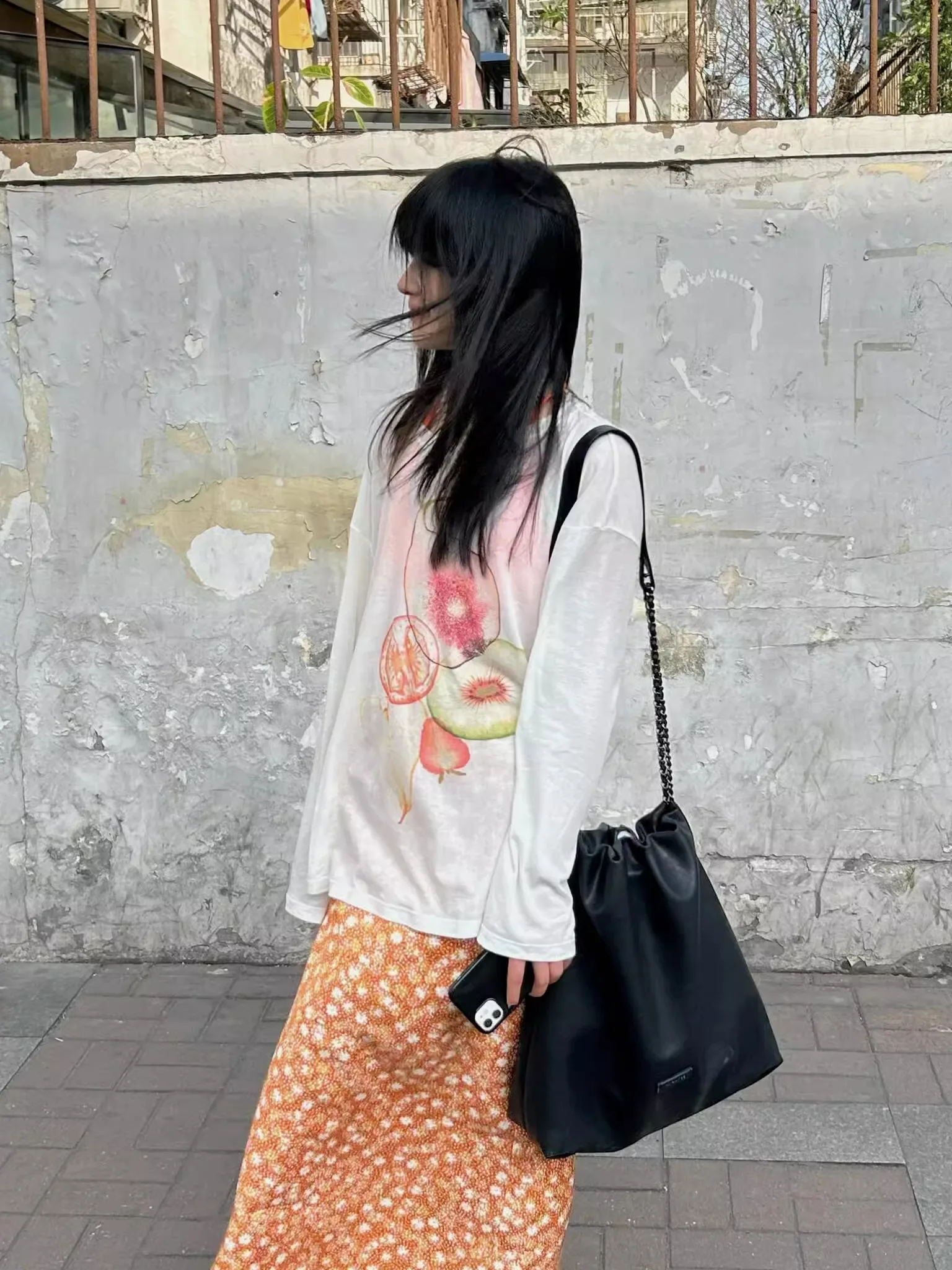 Camiseta larga de algodón puro para mujer, camiseta informal redonda Ne, suave, cómoda, transpirable, con estampado de frutas, capa Base estampada