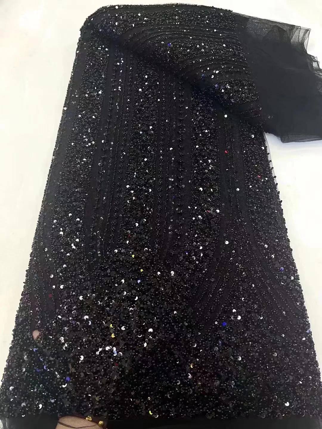 

2024 High Quality African Gradual Beaded Fabric Sequins French Tulle Lace with Crystal Bead for Party Dress Dubai Mesh Material