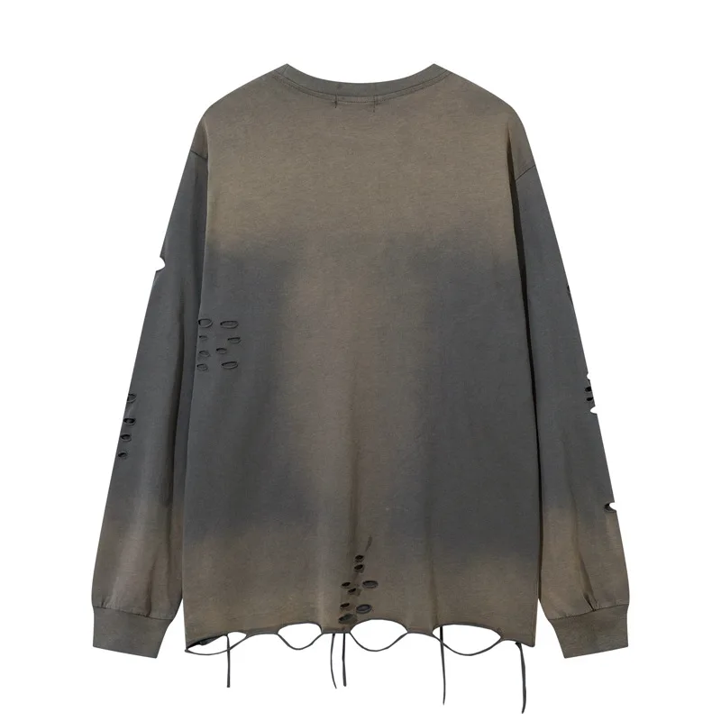 Men Vintage Gradient Wash Sweatshirt Oversized Destroyed Ripped Hole Pullover Raw Hem Long Sleeve Top Unisex Casual Sweatshirts