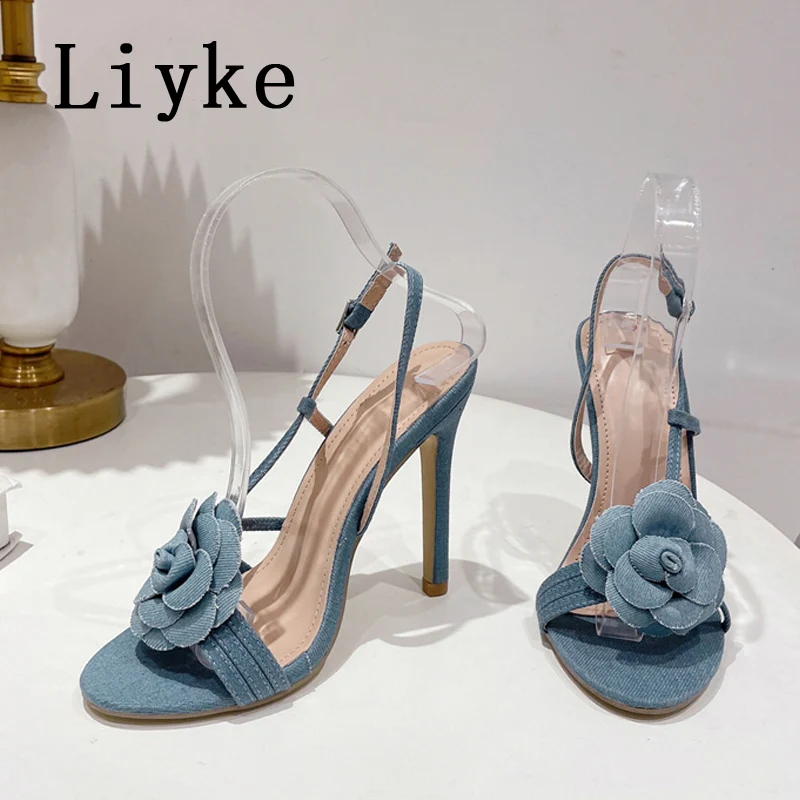 Liyke Fashion Design Patent Leather Flowers Open Toe Back Strap Sandal Women Silver High Heels Summer Party Prom Shoes Sandalias