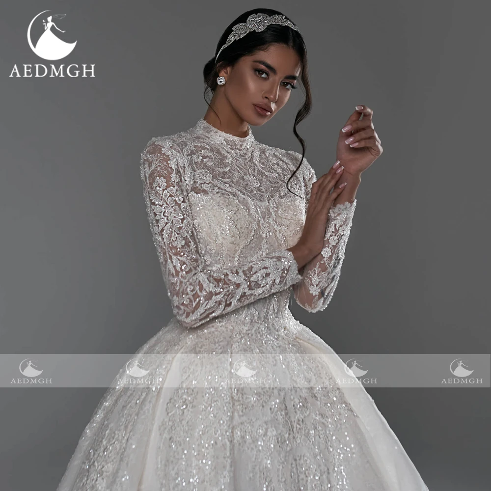 Aedmgh Ball Gown Royal Exquisite Wedding Dresses High Neck Long Sleeve Vestido De Novia Embroidery Custom Made Bridal Gown