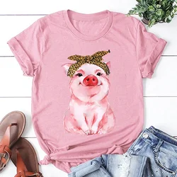 Cute Pig Print T-shirts for Women Summer Lovely Short Sleeve Casual Round Neck T-shirts Ladies Creative Personalized Tops