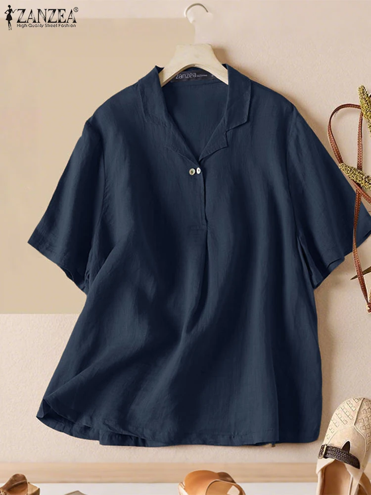 

Лето 2022, блузки ZANZEA, женские винтажные топы с короткими рукавами и лацканами, повседневная однотонная рабочая рубашка OL, женская свободная хлопковая сорочка